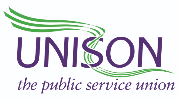 UNISON logo featuring the word "UNISON" in purple with green flowing lines above and through the text, alongside the tagline "the public service union".
