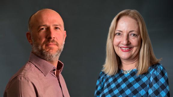 two headshots of male and female blog authors