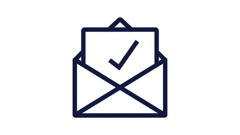 Confirmation icon with an envelope being opened containing a letter
